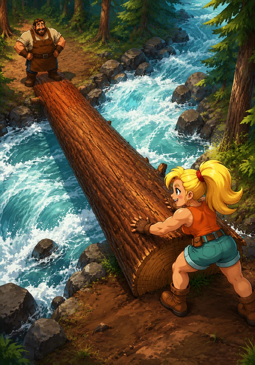 Knowing she could help, Hilder marched boldly into the forest to find a fallen redwood tree large enough to span the river. She hoisted the giant tree trunk onto her shoulders, her boots sinking slightly into the mud as she carried it back. With a mighty heave, she carefully laid the trunk across the roaring waters, creating a safe new walkway.