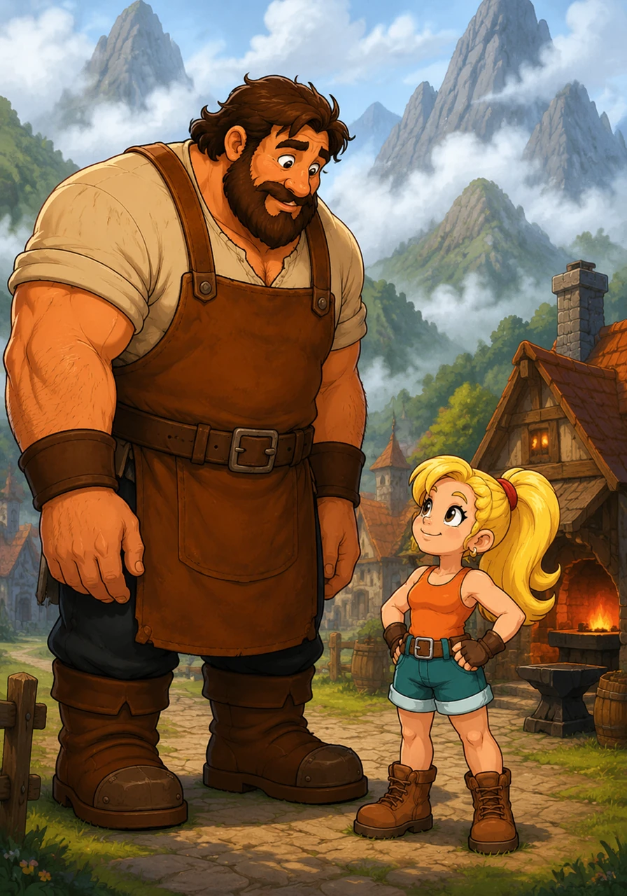Word of the incredibly powerful girl spread across the kingdom, reaching the ears of a gentle giant who lived up in the misty mountains. The giant was lonely and clumsy, often accidentally knocking over rocks and blocking the mountain paths. He decided to travel down to the valley to meet the girl who everyone was talking about.
