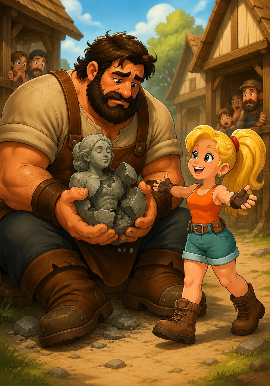 When the giant arrived, the villagers hid in fear, but Hilder stepped forward with open arms and a welcoming smile. She noticed the giant looked sad and was holding a broken stone statue that he had accidentally dropped. Hilder offered to help him repair it, showing him that strength could be used for delicate and beautiful things too.