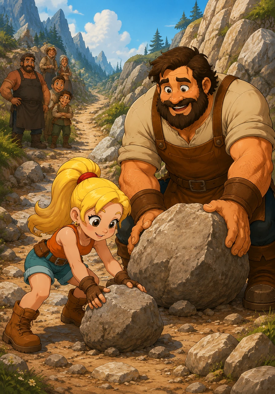 Together, Hilder and the giant spent the afternoon clearing the mountain roads of heavy boulders to make travel safe for everyone. The giant learned to control his great strength by watching how carefully Hilder handled her own power. A wonderful new friendship was born, and the villagers realized there was nothing to fear.