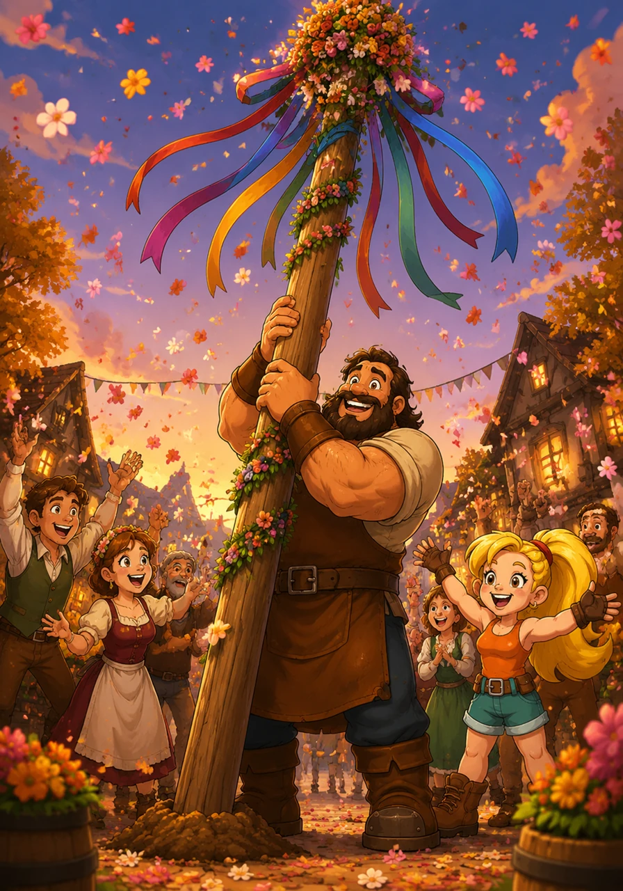 To celebrate their safe village and new mountain friend, the townspeople organized a grand autumn festival in the square. Hilder used her strength to lift the heavy colorful Maypole, anchoring it firmly into the ground for the dancers. Everyone cheered, throwing colorful flower petals into the air as music filled the evening sky.
