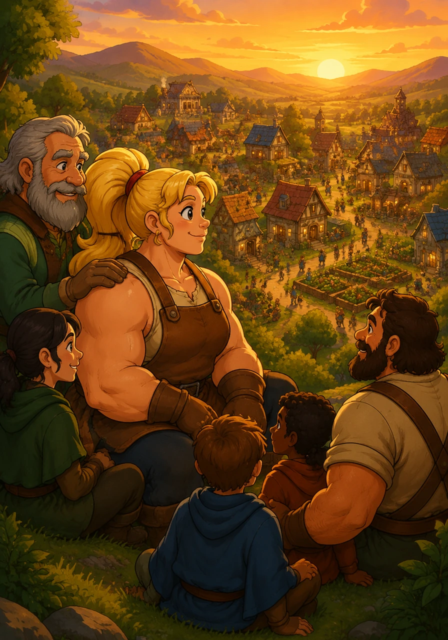 As the sun set behind the hills, Hilder sat with her friends, looking out over the happy, thriving community. She realized that being powerful wasn't just about lifting heavy things or being tough. True power was the ability to protect, uplift, and bring joy to the people she loved.