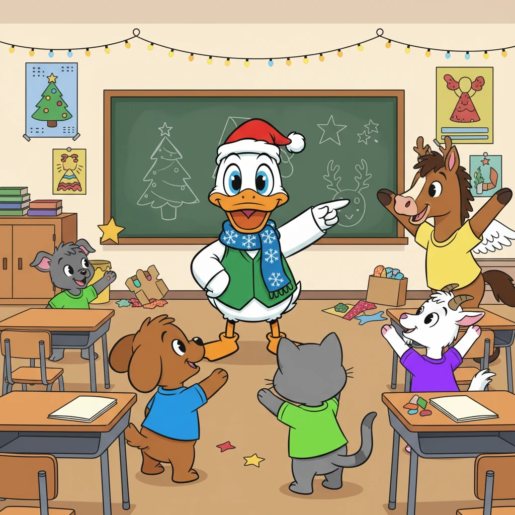 La clase se llenó de risas y emoción mientras los niños elegían sus roles. El perrito, con su camiseta azul, quería ser el árbol de Navidad. La gatita, con su camiseta verde, soñaba con ser una estrella. El caballito, con su camiseta amarilla, deseaba ser un reno y la cabrita, con su camiseta morada, deseaba ser un ángel. Pedro, por supuesto, quería ser el protagonista.