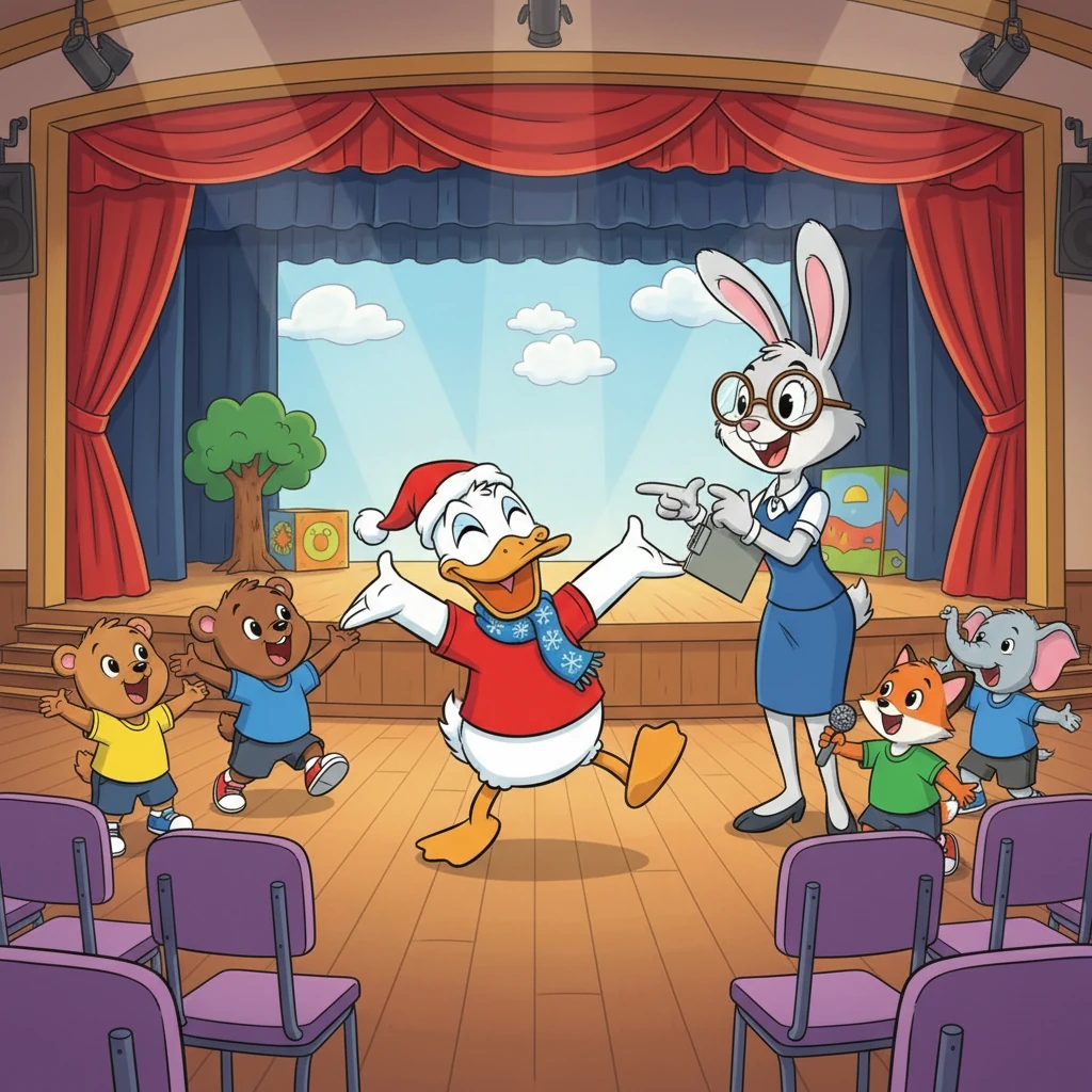 Los ensayos comenzaron en el salón de actos. Pedro, con su camiseta roja, practicaba sus pasos de baile. La señorita Coneja, atenta, les daba indicaciones. Los demás niños, con sus coloridas camisetas, ensayaban sus canciones y movimientos. El salón se llenó de alegría.