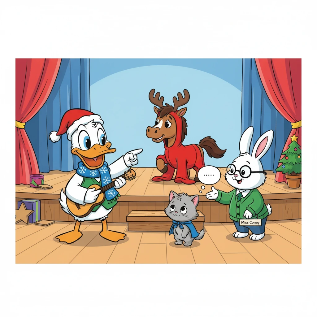 Hubo algunos momentos de dificultad. El caballito se tropezó con su disfraz de reno. La gatita olvidó su parlamento. Pero Pedro, con su espíritu animoso, les recordó que lo importante era divertirse y trabajar juntos. La señorita Coneja les ayudó a practicar hasta que todo salió perfecto.