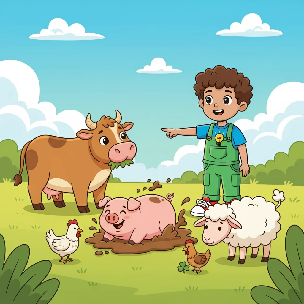 Leo the Learner points excitedly at a group of fluffy FARM ANIMALS. There’s a big, brown COW that gives milk, a pink PIG rolling in the mud, a fluffy SHEEP with soft wool, and a clucking CHICKEN pecking at the ground. Leo loves to learn about these friendly creatures!