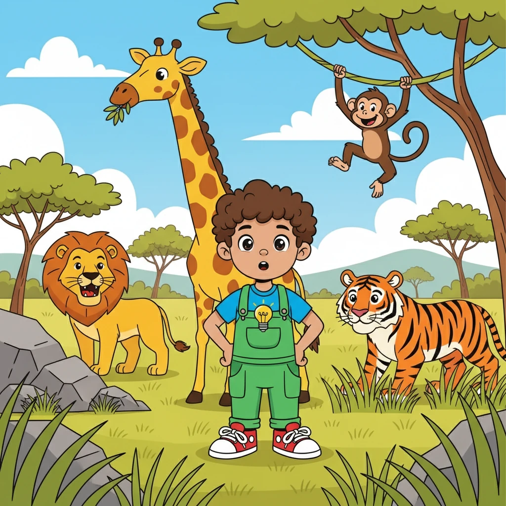 Leo now explores the WILD ANIMALS! A tall GIRAFFE munches leaves, a fierce LION roars proudly, a striped TIGER prowls through the grass, and a playful MONKEY swings from a tree. Leo wonders where these animals live.