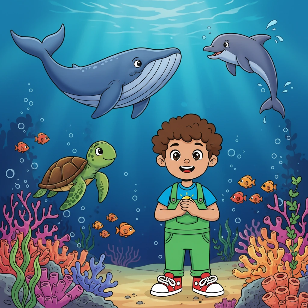 Leo is captivated by the OCEAN ANIMALS. A blue WHALE swims in the deep, a colorful FISH darts through the coral, a playful DOLPHIN leaps from the water, and a big, green TURTLE slowly paddles along. Leo loves the ocean!