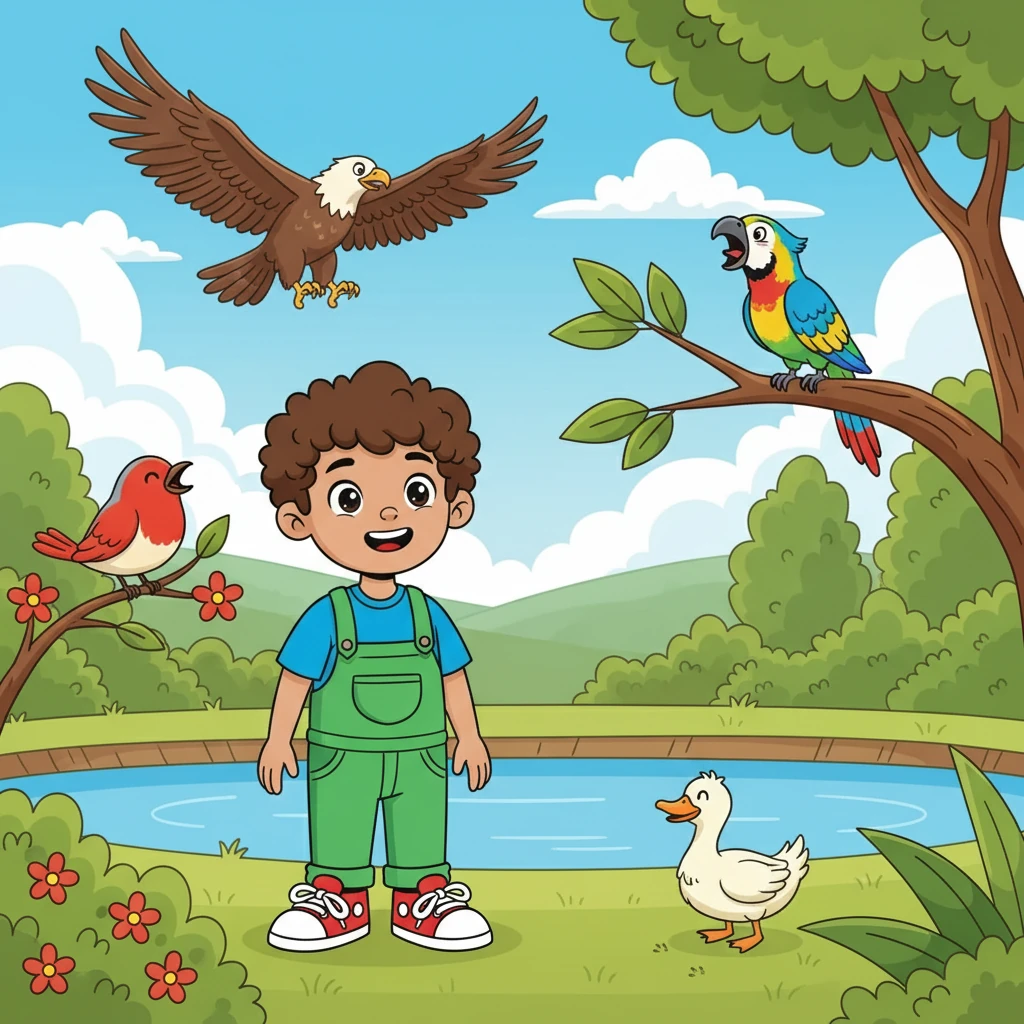 Next, Leo discovers the BIRDS! A bright red ROBIN sings a sweet song, a strong EAGLE soars in the sky, a colorful PARROT squawks loudly, and a fluffy DUCK waddles by the pond. Leo enjoys watching the birds.