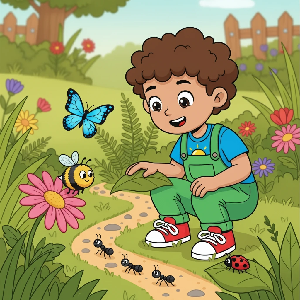 Leo examines the INSECTS. A busy BEE buzzes around a flower, a crawling ANT marches in a line, a colorful BUTTERFLY flits through the air, and a spotted LADYBUG crawls on a leaf. Leo sees how tiny the insects are!