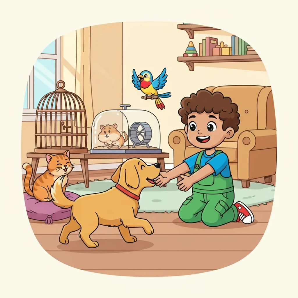 Leo explores the PETS! A furry DOG wags its tail, a playful CAT purrs softly, a colorful BIRD chirps happily, and a cute HAMSTER scurries in its cage. Leo wants to pet all the pets.