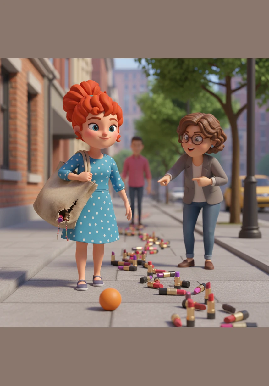As she continued her walk, the bottom seam of the bag began to unravel, releasing a single rolling orange that led a parade of loose lipsticks down the sidewalk. Peggy didn't notice the trail she was leaving behind until a passerby pointed at the colorful line of cosmetics trailing her.