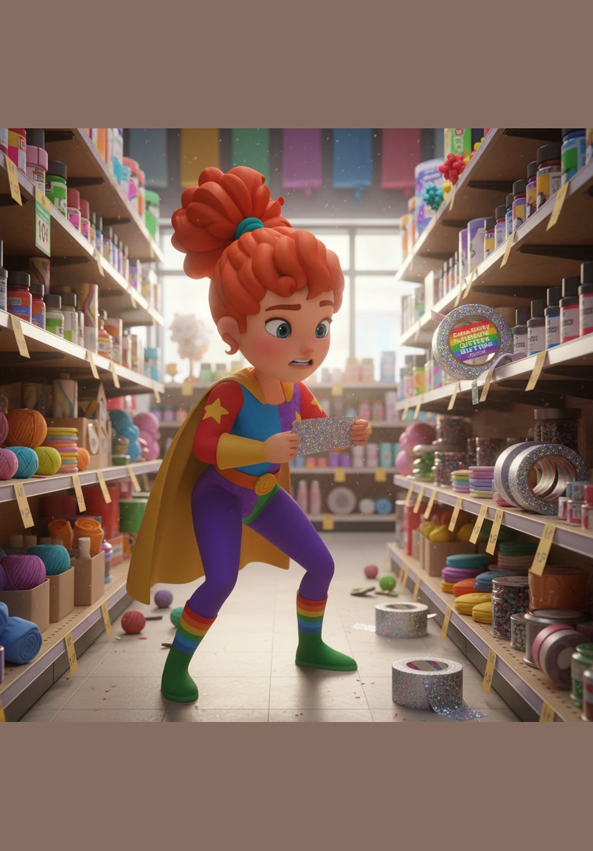 She ducked into a nearby craft store, searching desperately for heavy-duty duct tape to save her failing fashion statement. The only thing available in the entire store was a roll of extra-sticky, holographic rainbow tape covered in silver glitter.