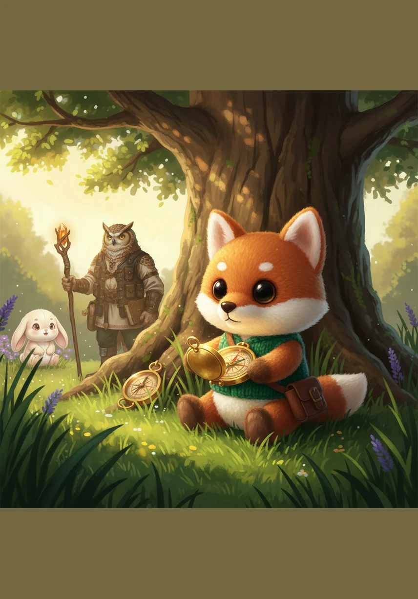 Oliver the fox was playing in the tall, emerald grass when something caught his eye. A beautiful golden compass lay hidden near an old oak tree, shimmering under the afternoon sunlight. Oliver picked it up, wondering if he should keep the magical treasure for himself or try to find its rightful owner. Which path should he choose: the path of keeping it or the path of honesty?
