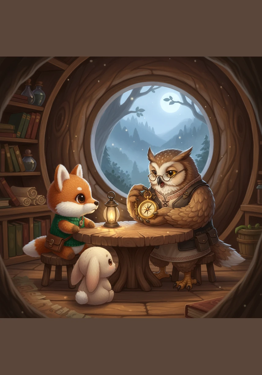 Oliver climbed the hill to visit Silas the Owl, the wisest creature in the Whispering Woods. Silas peered through his round spectacles at the golden compass and let out a soft, thoughtful hoot. He told Oliver that the compass belonged to a traveler who had recently passed through the Misty Meadow.