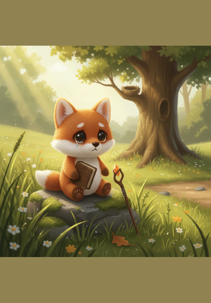 As he reached the edge of the meadow, Oliver saw a small rabbit sitting on a mossy stump, weeping quietly into her paws. She was searching through the clover, her long ears drooping with deep sadness. Oliver approached her slowly, holding the golden compass out in his small, orange paws.