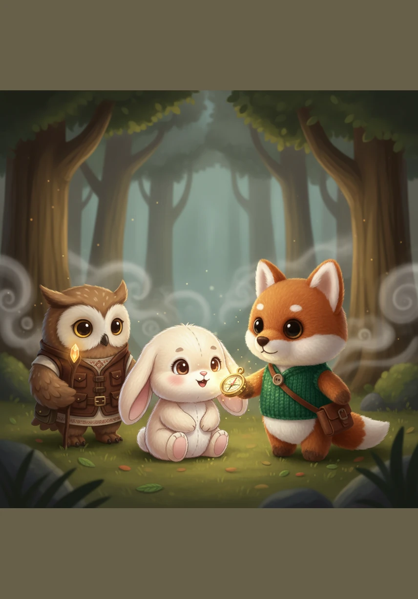 The rabbit's eyes widened with immense joy when she saw the shimmering gold in Oliver's hand. She explained that the compass was a family heirloom used to find her way home through the thick evening fog. Without it, she had been lost and afraid in the darkening woods for hours.