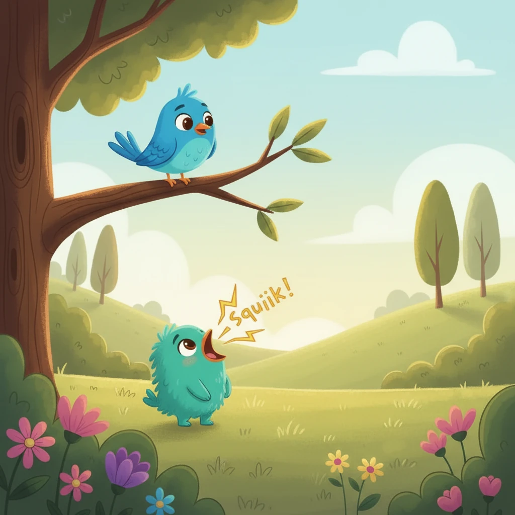 Decidido a encontrar su talento, Chispa intenta cantar como el melodioso pájaro azul que se posa en una rama. Abre su boquita y, en lugar de una dulce melodía, sale un divertido y agudo '¡Squiiik!'. El pájaro lo mira con una sonrisa amable.