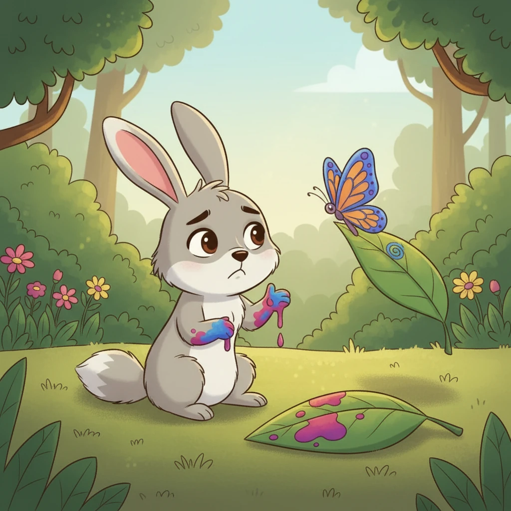 Luego, Chispa ve a una mariposa pintando hermosos patrones en una hoja con sus alas. Con entusiasmo, Chispa intenta imitarla usando bayas de colores, pero sus "pinturas" terminan siendo un revoltijo pegajoso y desordenado en su patita. Se siente un poco desanimado.