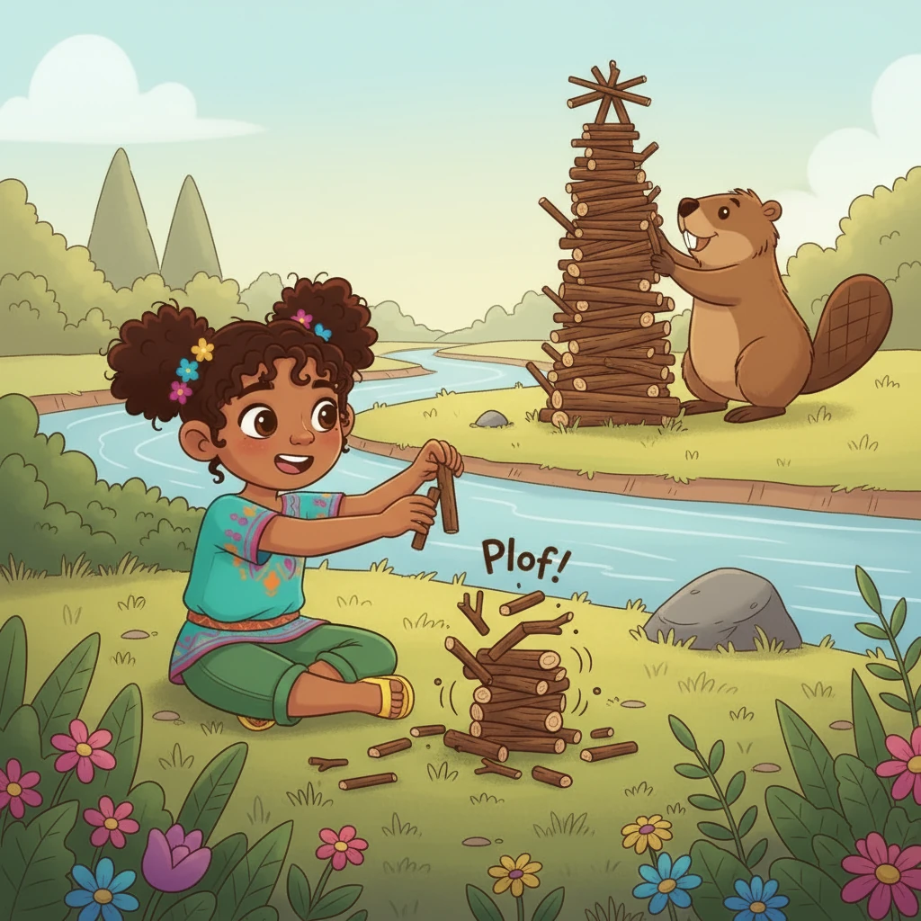 No se rinde. Al ver a un castor construyendo una torre de palos muy alta, Chispa reúne sus propios tronquitos y ramas. Con mucho esfuerzo, apila uno sobre otro, pero sus torres siempre se tambalean y caen con un suave '¡Plof!', desparramando todo a su alrededor.