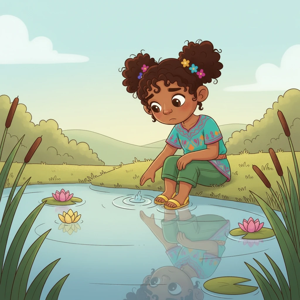 Con la cabeza gacha, Chispa se sienta junto a un estanque tranquilo, observando su reflejo. Sus grandes ojos reflejan una pizca de tristeza. "¿Tendré algún talento especial?", se pregunta, sintiéndose invisible entre los demás.