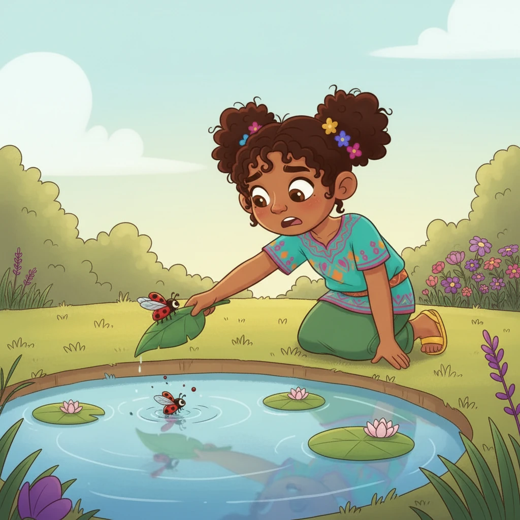 De repente, Chispa nota un pequeño punto rojo en el agua. Es una mariquita, que ha caído al estanque y lucha por mantenerse a flote. Sus diminutas alas están empapadas y no puede volar. La mariquita pide ayuda con un pequeño chirrido.
