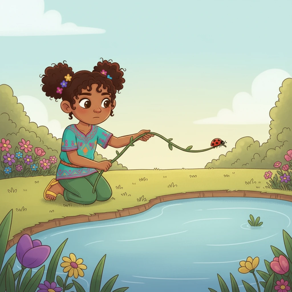 Sin pensarlo dos veces, Chispa reacciona rápidamente. Extiende una larga y flexible enredadera que encuentra cerca y, con mucho cuidado, la acerca a la mariquita. La mariquita se agarra con sus patitas y Chispa la jala suavemente hasta la orilla. La mariquita está a salvo.