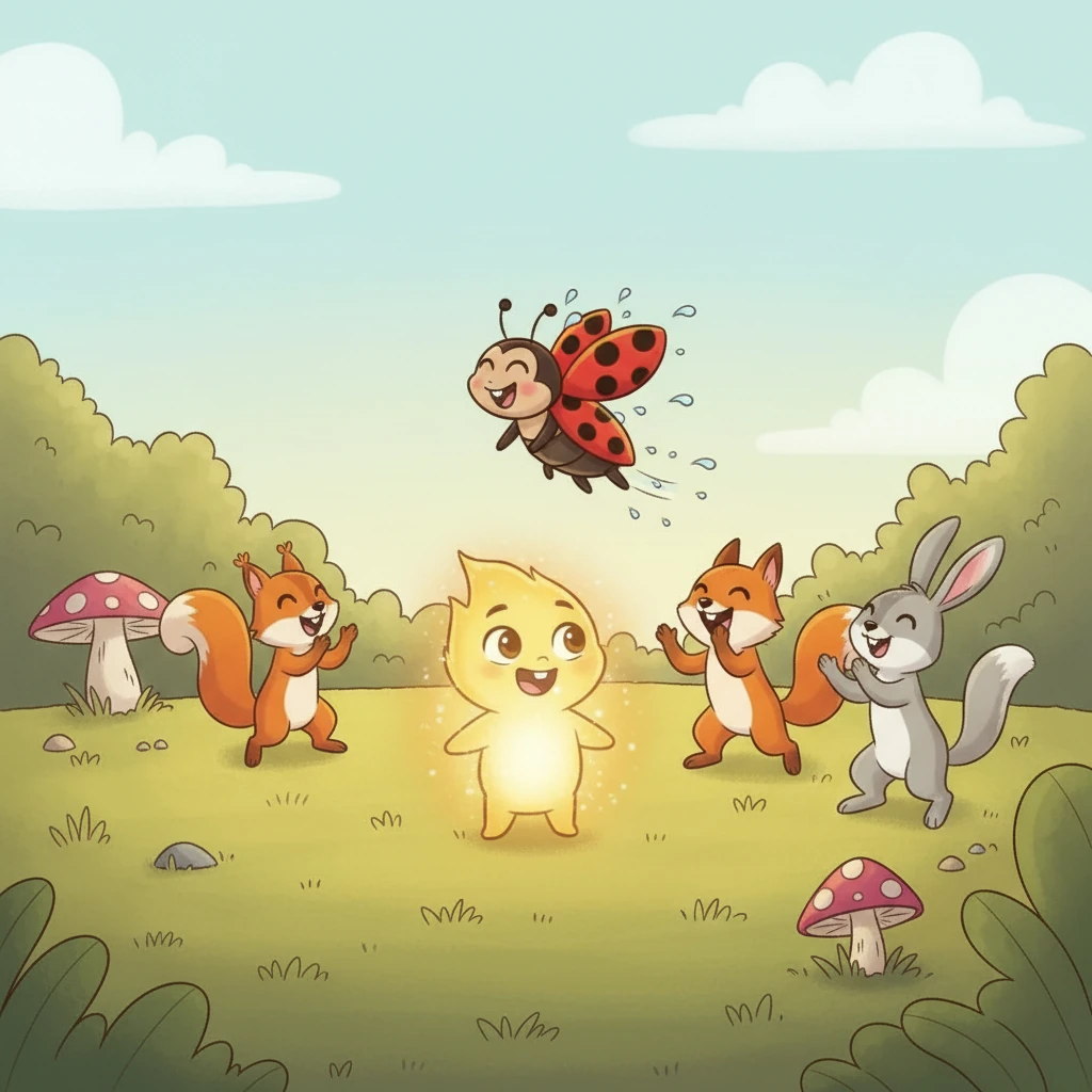 La mariquita sacude el agua de sus alas y, con una sonrisa, le da las gracias a Chispa. Otros animalitos del bosque que observaron la escena aplauden y vitorean. Chispa siente una cálida y dulce sensación en su corazón, algo que nunca antes había sentido.