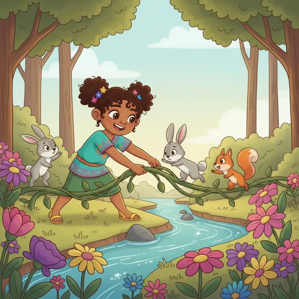 Con una gran sonrisa llena de confianza, Chispa usa su enredadera para crear un hermoso y seguro puente colgante sobre un arroyo. Ahora, todos los pequeños animalitos pueden cruzar sin peligro, y Chispa los ayuda con alegría, sabiendo que ha encontrado su gran talento.