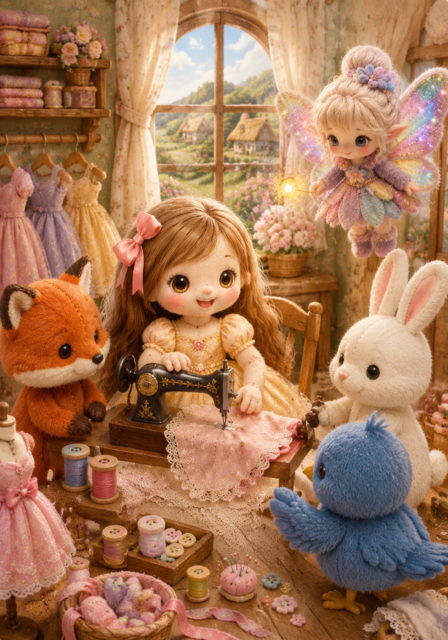 In a small village nestled among hills of blooming flowers, an eight-year-old tailor named Lila spends her days sewing beautiful dresses. With a pink ribbon in her brown hair and eyes that shine like stars, she happily sings as she creates garments that seem to tell wonderful stories.