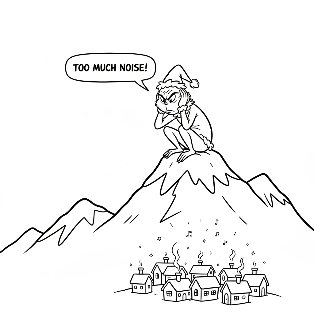 Far below, the village twinkled with happy lights. Laughter and music floated up the mountain, making Grumbles scowl even deeper. "Too much noise!" he