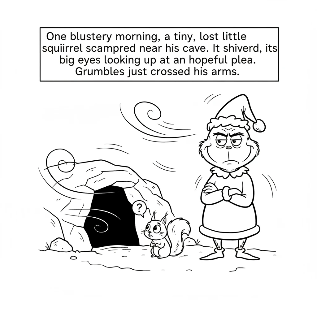One blustery morning, a tiny, lost little squirrel scampered near his cave. It shivered, its big eyes looking up at Grumbles with a hopeful plea. Grum