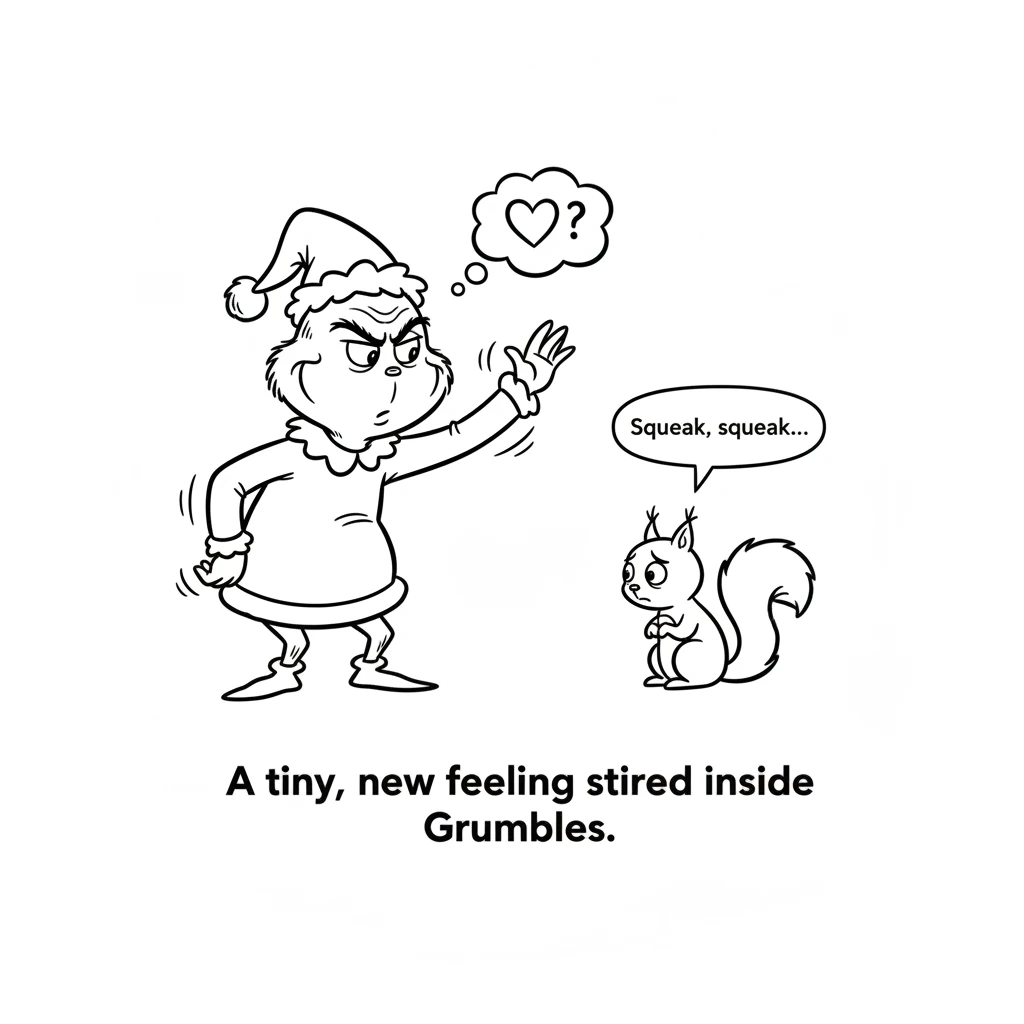 The squirrel squeaked softly, its tail drooping low. Grumbles tried to shoo it away with a grumpy wave, but the little creature only looked more forlo
