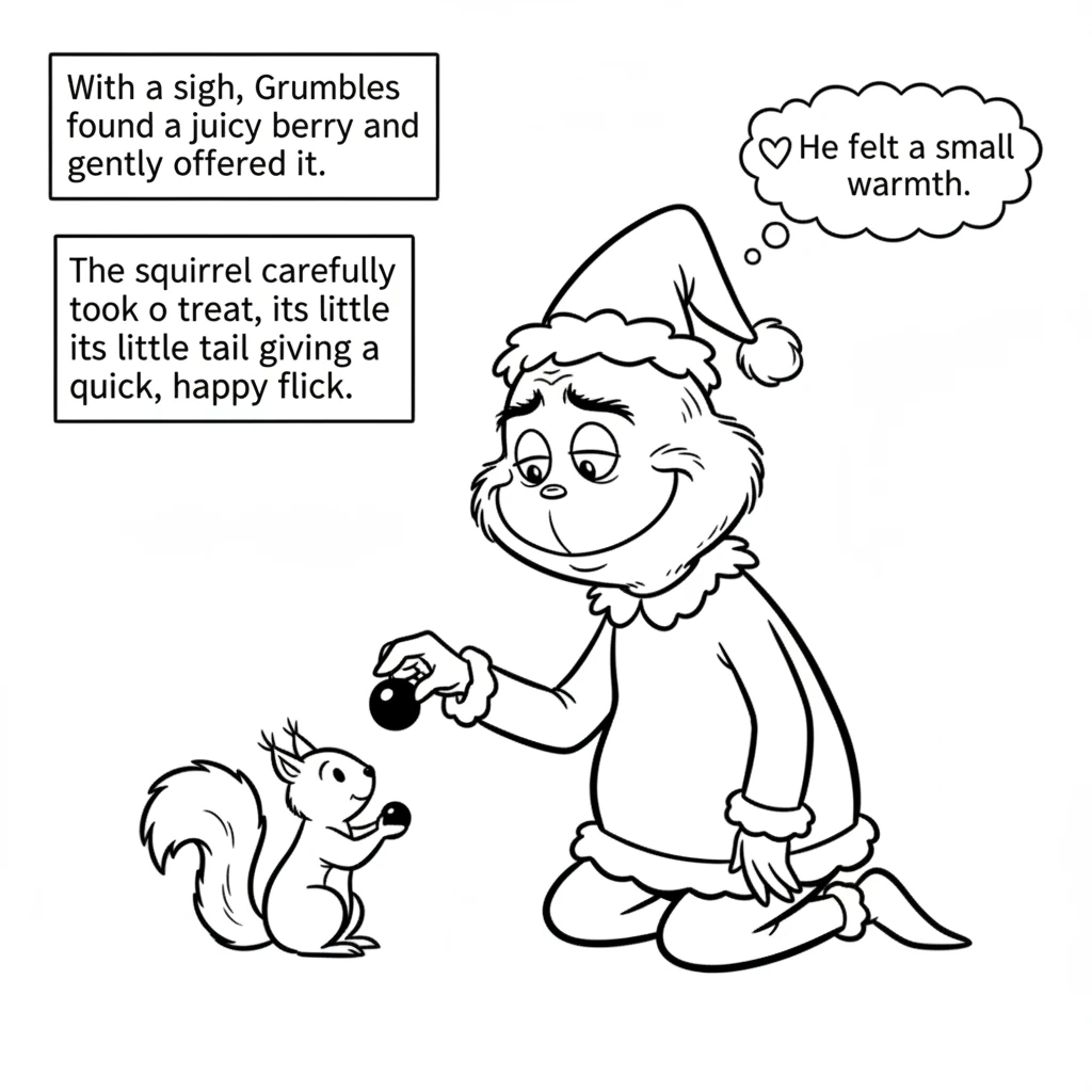 With a sigh, Grumbles found a juicy berry and gently offered it. The squirrel carefully took the treat, its little tail giving a quick, happy flick. G