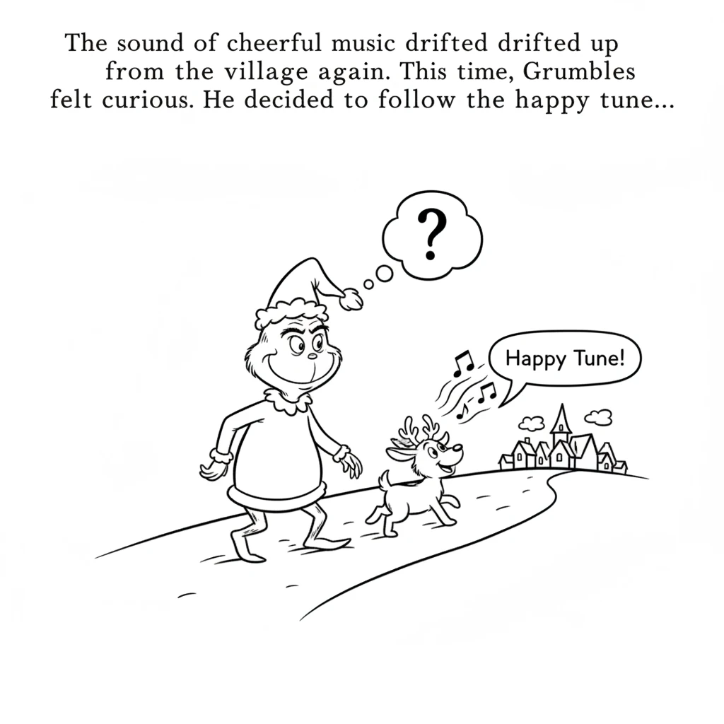 The sound of cheerful music drifted up from the village again. This time, Grumbles felt curious. He decided to follow the happy tune, with his new fri