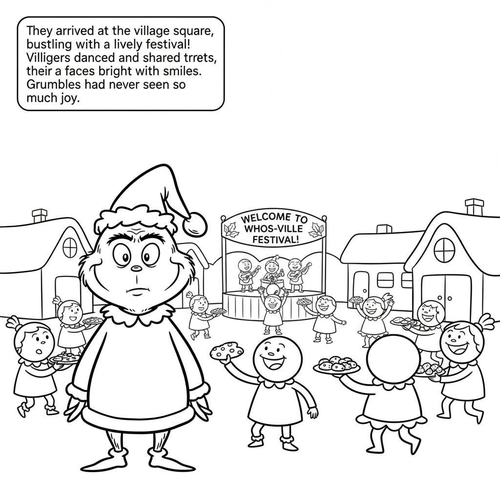 They arrived at the village square, bustling with a lively festival! Villagers danced and shared treats, their faces bright with smiles. Grumbles had