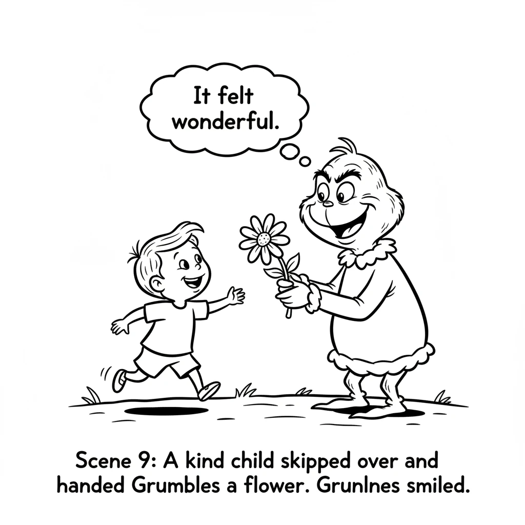 A kind child skipped over and handed Grumbles a bright, round flower. Grumbles carefully held the blossom, a wide, genuine smile finally spreading acr