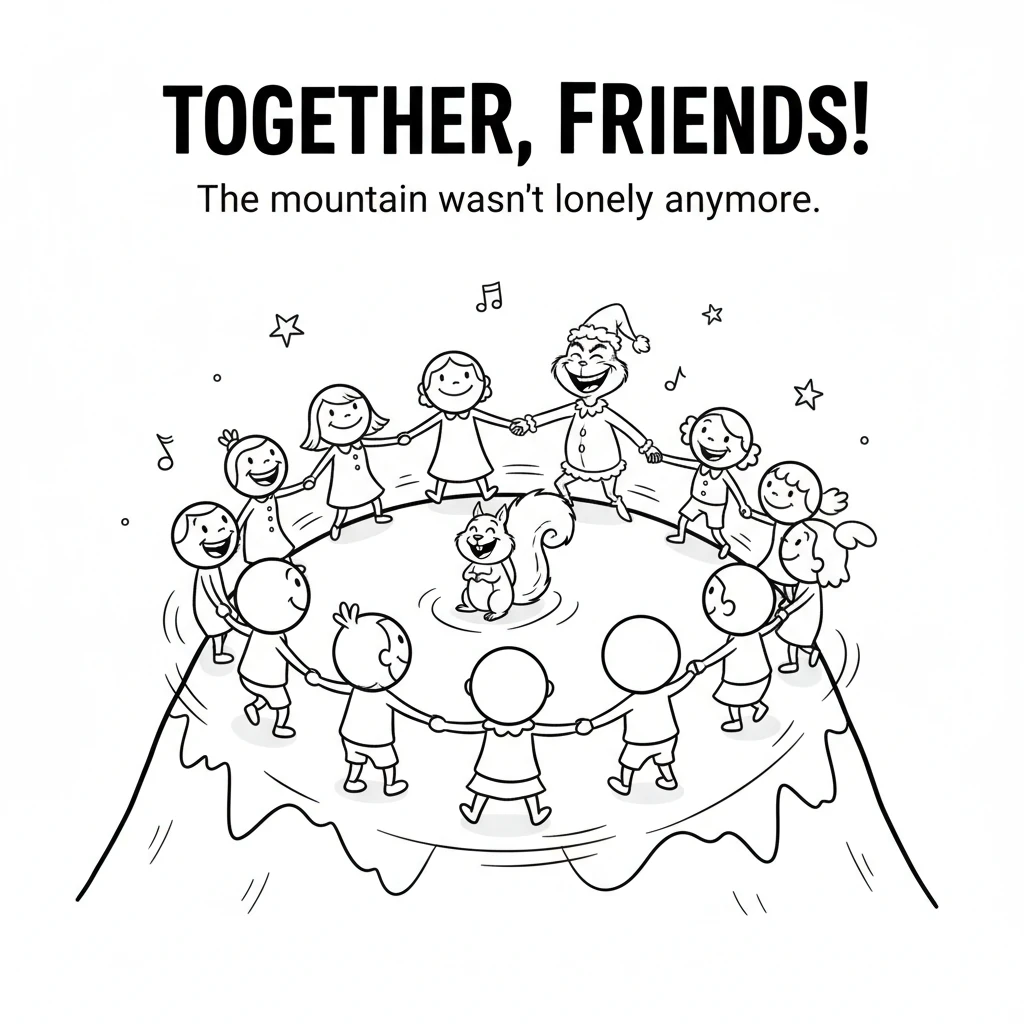 Grumbles, the squirrel, and all the villagers joined hands, laughing and dancing. The mountain no longer felt lonely, and Grumbles' heart felt warm an