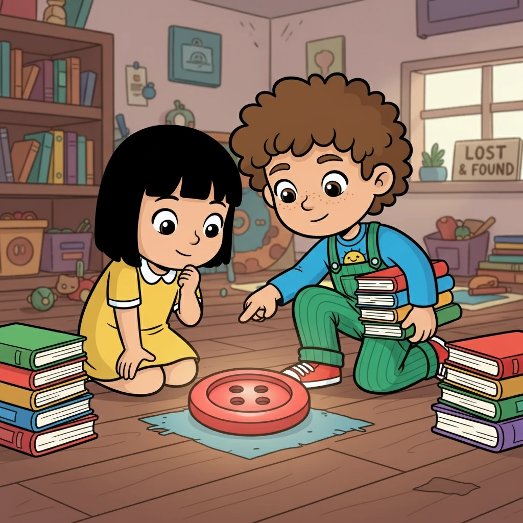 They examined the button closely. It was a bright red, perfectly round, and unlike any button they had seen before. Maya suggested it might belong to a special someone. Ben, always logical, suggested checking the lost and found.
