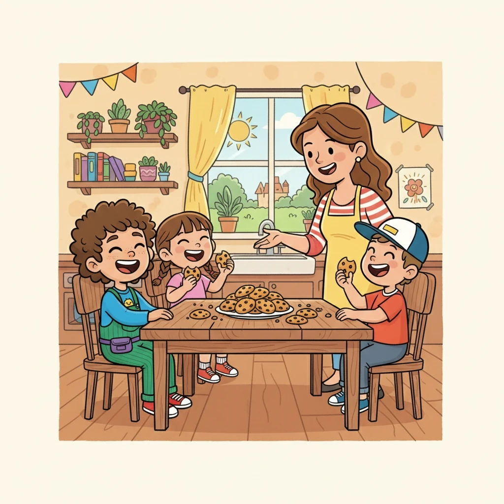 Relieved and amused, the friends shared a laugh with Ms. Sunshine over the delicious cookies. They learned that even the smallest mysteries could lead to the sweetest rewards, and the importance of teamwork.