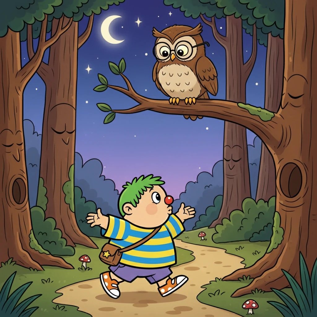 Pupu kulki metsän läpi, ohittaen nukkuvat puut ja tuoksutellen kosteaa maata. Hän tapasi pöllön, joka istui oksalla ja tuijotti häntä viisaasti. Pupu kysyi pöllöltä, missä uni voisi olla.
