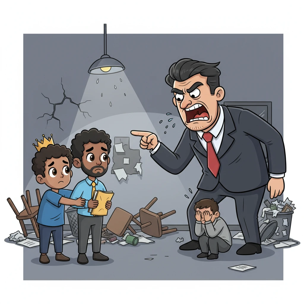 Samir and his friends, Aisha and Omar, huddled together, their faces etched with cartoonish worry. A giant, grumpy manager with exaggerated scowl lines loomed over them, shouting at a tiny, cowering employee. The office was dimly lit, filled with overflowing trash bins and broken chairs, a clear sign of their dismal working conditions.