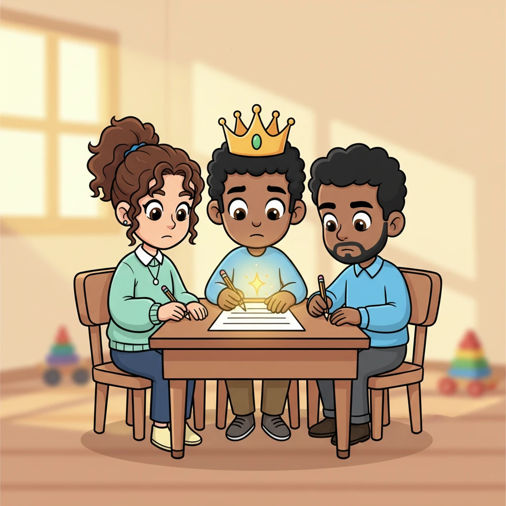 With a shared glance of determination, Samir, Aisha, and Omar sat at a small, wobbly desk, carefully filling out a complaint form. A tiny, hopeful spark glowed above the paper as they bravely decided to stand up against their unfair treatment. Their expressions were a mix of nervousness and newfound courage.