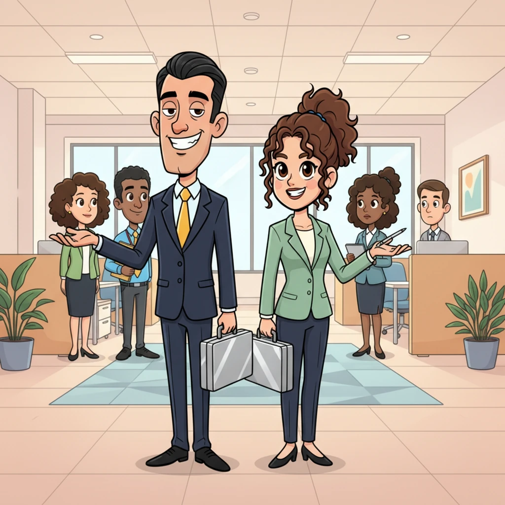 Two impeccably dressed figures from the Ethics Department, Mr. Smooth and Ms. Slick, arrived at the office, sporting wide, almost too-friendly smiles. They carried gleaming briefcases and pens, but a subtle, mischievous glint in their eyes hinted at their true intentions. Employees watched them with cautious optimism.