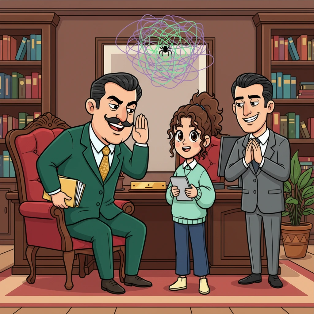 Behind the scenes, the HR Vice President, a portly man with a sly grin, sat in his opulent office, whispering conspiratorially with the two bad managers. His brother, a smug-looking fellow, stood nearby, eagerly anticipating a promised job. A web of deceit was being spun, hidden from the unsuspecting employees.