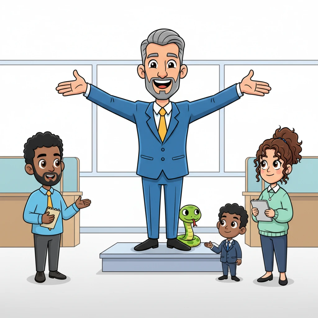 The Project Director, a charismatic man with a disarmingly warm smile, gathered the employees, including Samir, Aisha, and Omar. He promised them with grand gestures that the bad managers would be fired, his words smooth as silk. A tiny, cartoonish snake slithered behind his back, unseen by the hopeful crowd.