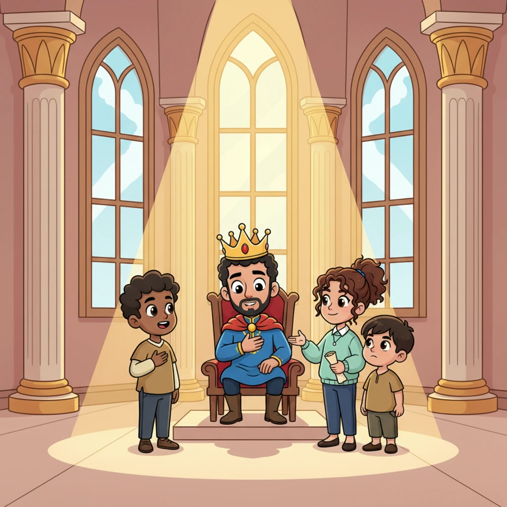 Inside a majestic hall, Samir, Aisha, and Omar stood before a wise and noble-looking Prince. The Prince listened intently, his expression grave but compassionate, as they bravely recounted their story. A bright, symbolic ray of light shone down, promising that true justice might finally be within reach.