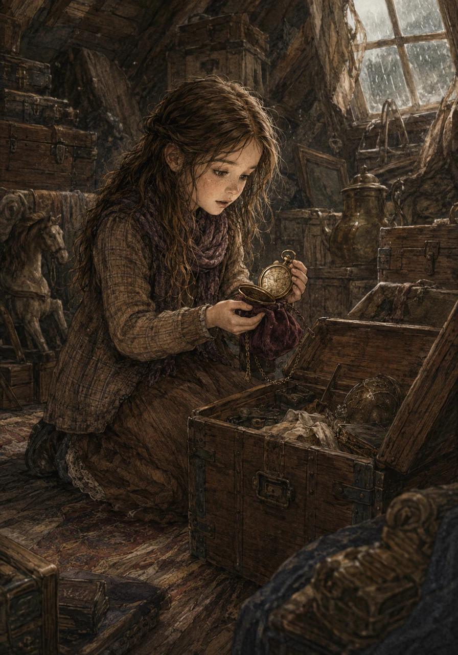 Kathryn loved exploring her grandfather's cluttered attic, a place filled with dusty trunks and forgotten relics of the past. On a rainy Tuesday afternoon, her fingers brushed against a velvet pouch hidden deep inside a wooden chest. Pulling it out, she revealed a heavy brass pocket watch that hummed with a strange, rhythmic vibration.