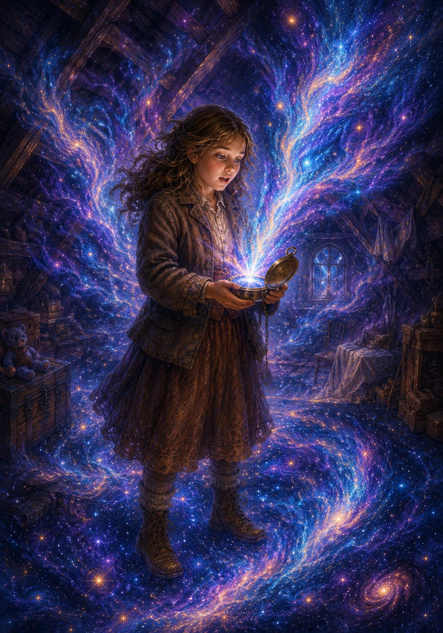 As Kathryn pressed the button to open the watch, the hands didn't just tick; they began to spin backward at an impossible speed. A brilliant, iridescent beam of blue and purple light erupted from the glass face, engulfing the entire attic in a swirl of cosmic energy. The floor beneath her feet seemed to melt away into a sea of sparkling stars.