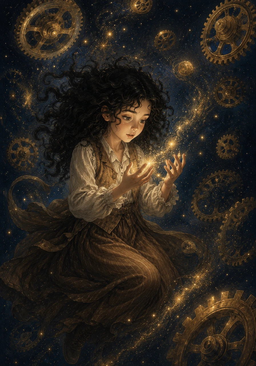Suddenly, Kathryn found herself floating in a breathtaking celestial void where giant, glowing clockwork gears drifted like planets. Her black, curly hair floated around her face as she looked down at her hands, which were now shimmering with faint stardust. The ordinary world was gone, replaced by a magnificent, ticking universe.
